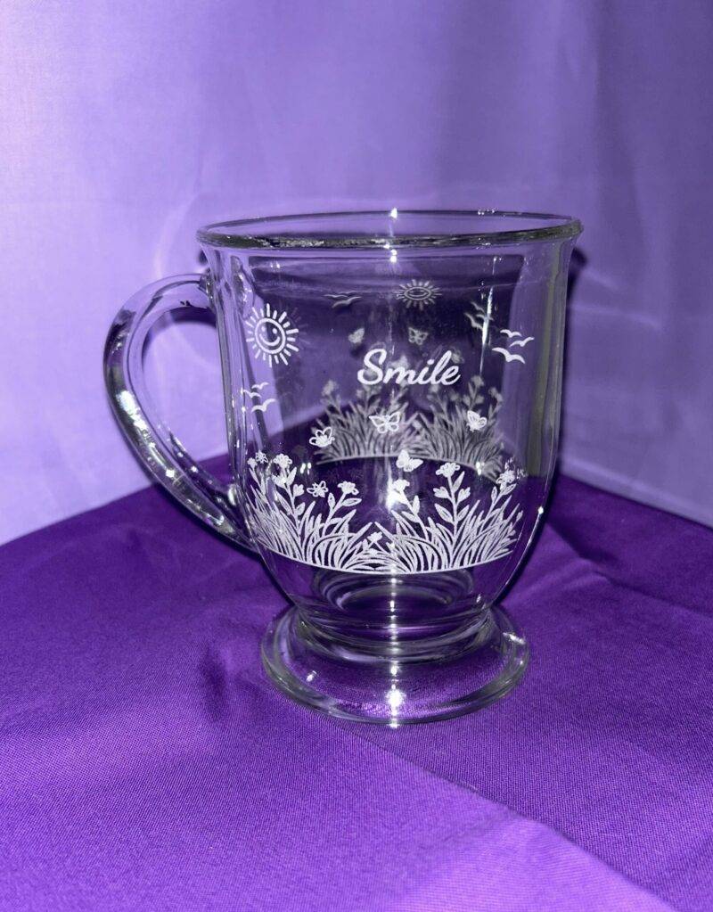 Smiles and Sunshine Etched Glass Barista Coffee Cup