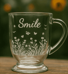 Smiles and Sunshine Laser Engraved Glass Coffee Mug / Tea Cup