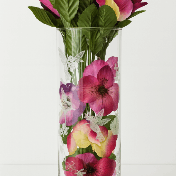 Custom Decadent Humming Bird Etched Glass Vase Floral Centerpiece
