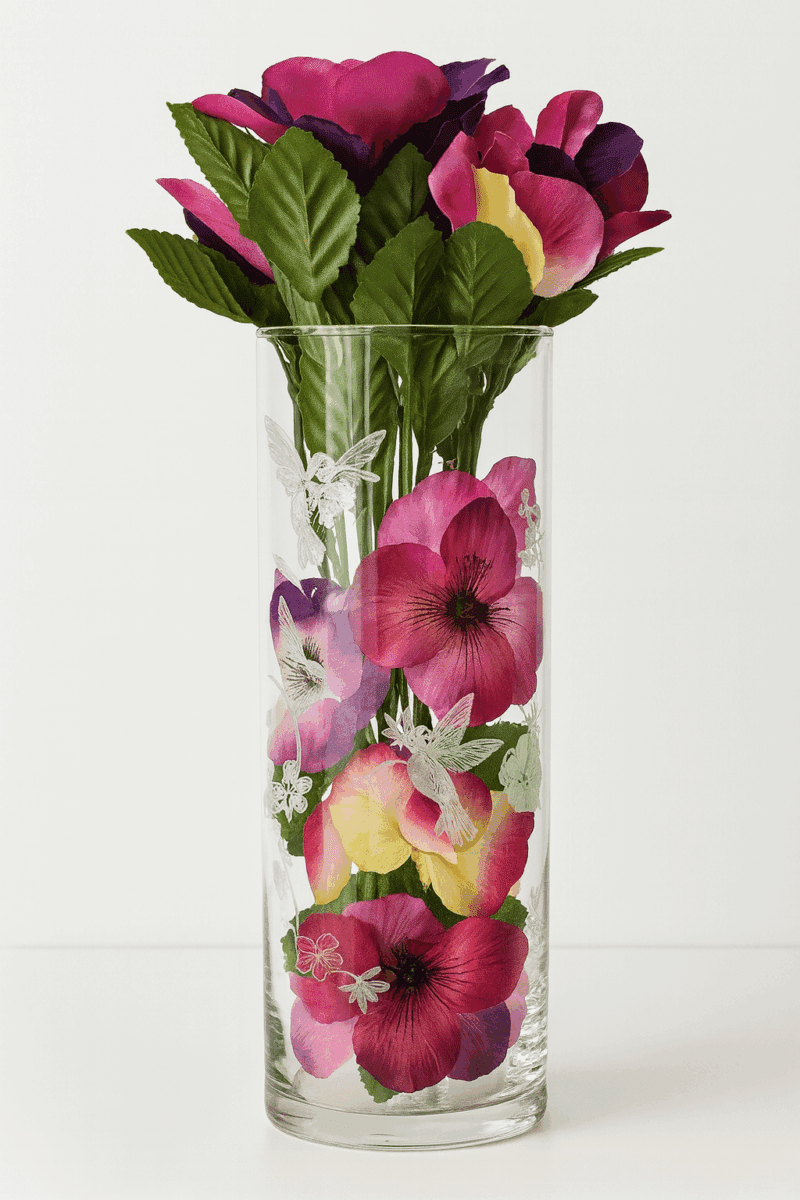 Decadent Humming Bird Laser Engraved Glass Vase Floral Centerpiece
