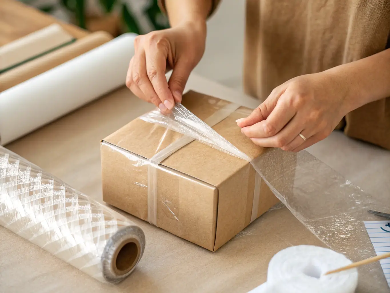 A person's hands carefully wrapping a delicate etched glass item in tissue paper, ready for shipping. The background shows a clean and organized workshop, emphasizing the care and attention to detail that goes into every order at Made by Dora.