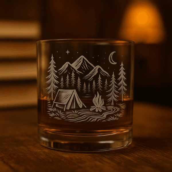 Camp Fire in Oregon Glass Made in USA Laser Engraved Whiskey Cup