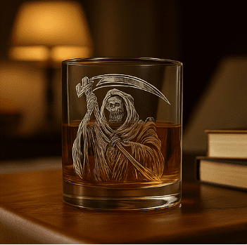 Grim Reaper Halloween Glass Made in USA Laser Engraved Whiskey Cup
