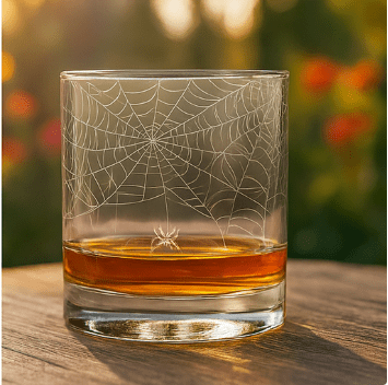 Spider in Web Halloween Glass Made in USA Laser Engraved Whiskey Cup