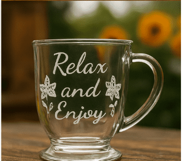 Relax and Enjoy Laser Engraved Glass Coffee Mug / Tea Cup