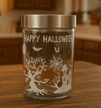 Happy Halloween Spiders and Bats Laser Engraved Glass Jar