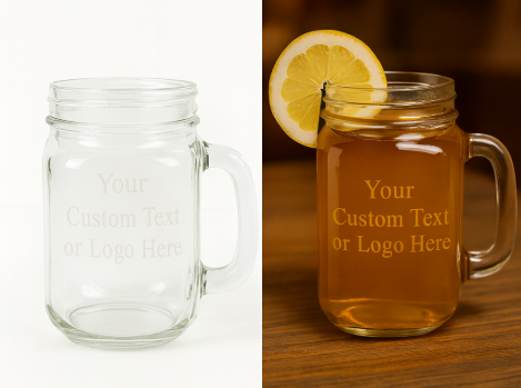 Laser Engraved Mason Jar Glass w Handle - Custom Image and Text