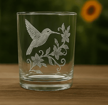 Humming Bird and Flowers Laser Engraved Glass Whiskey Cup