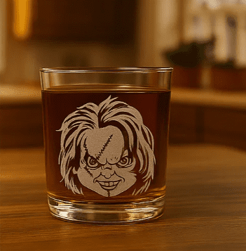 Chuckie Childs Play Halloween Glass Made in USA Laser Engraved Whiskey Cup
