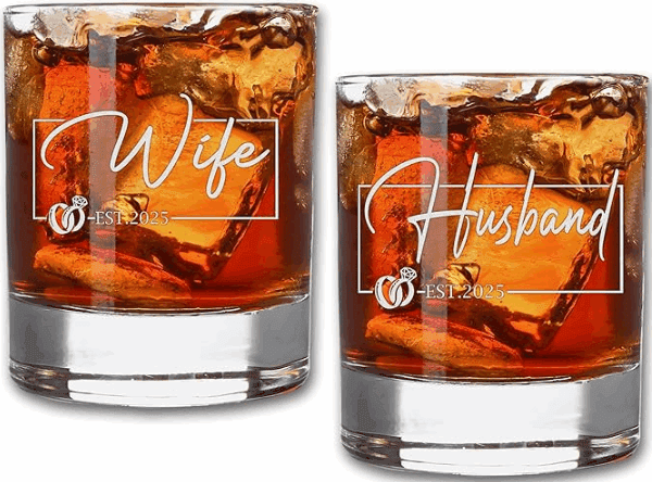 Husband Wife Win Together Wedding Glass Made in USA Laser Engraved Whiskey Cups (set of 2)