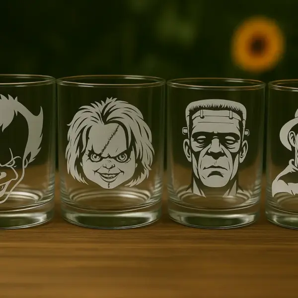 Serial Killers Horror Movie Halloween Set of 4 Glass Whiskey Cups Made in USA Laser Engraved