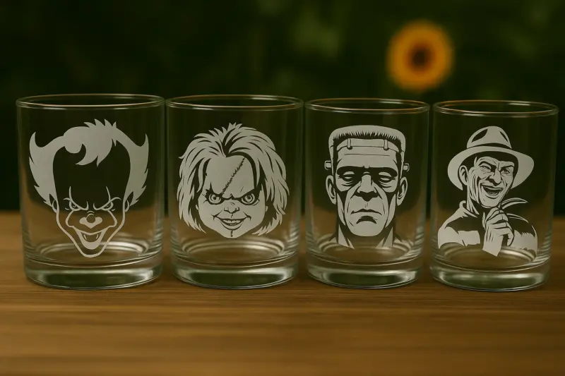 Serial Killers Horror Movie Halloween Set of 4 Glass Whiskey Cups Made in USA Laser Engraved