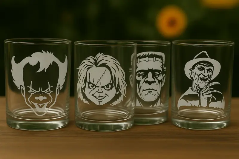 Serial Killers Horror Movie Halloween Set of 4 Glass Whiskey Cups Made in USA Laser Engraved - Image 3