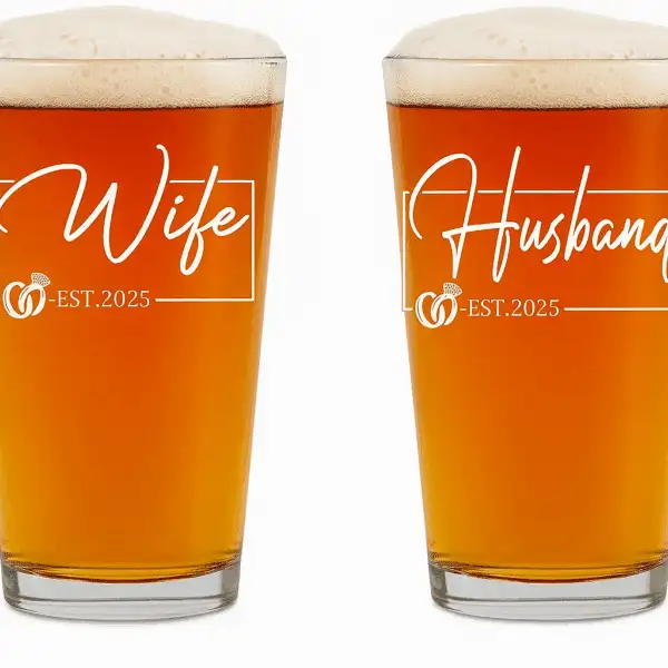 Husband Wife Win Together Wedding Pint Glass Hi Ball Cups (set of 2)